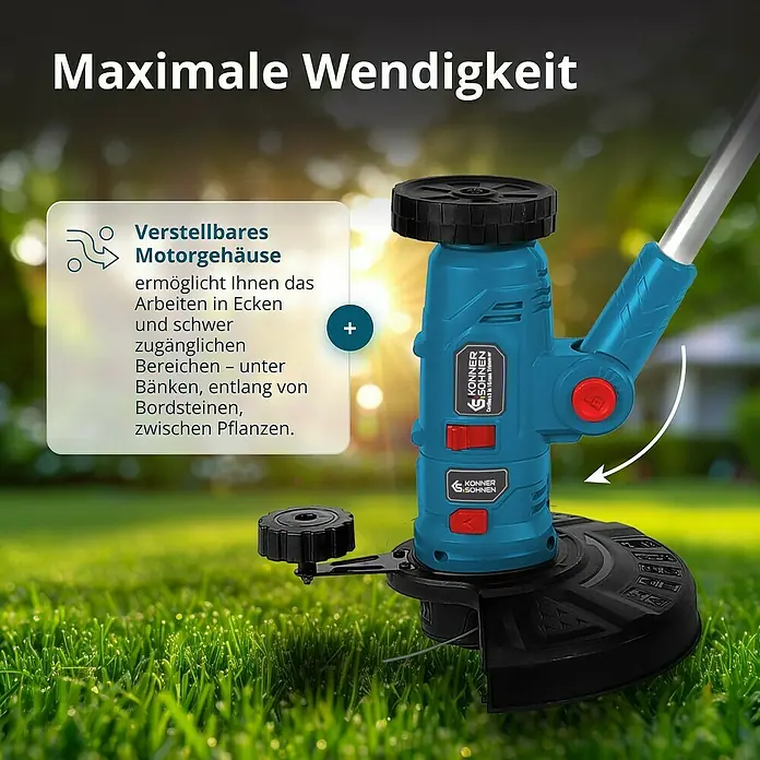 Könner & Söhnen Akku-Rasentrimmer KS MFT-20V - Ohne Akku, Schnittbreite Messer: 22 cm, Schnittbreite Faden: 25 cm - Rasentrimmer von Könner & Söhnen mit verstellbarem Motorgehäuse für schwer zugängliche Bereiche.