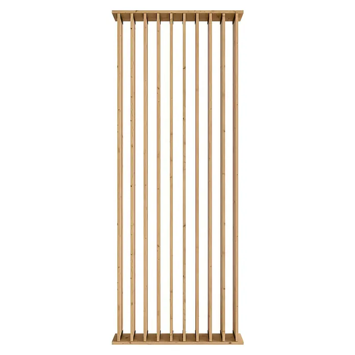 Radex Divisor de espacios - An x Al: 100 x 254 cm, Pino, Móvil - Detalle de una construcción de marco de madera, con listones verticales y elementos de conexión horizontales.