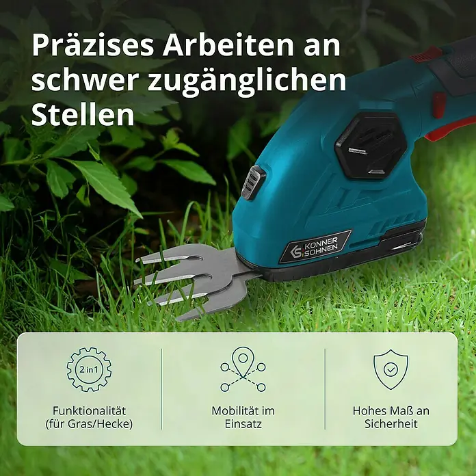 Könner & Söhnen Akku-Gras- & Strauchschere KS SHT-8V -  - Präzises Arbeiten mit der Grasschere. Die akkubetriebene Grasschere für schwer zugängliche Stellen im Garten oder Hof.