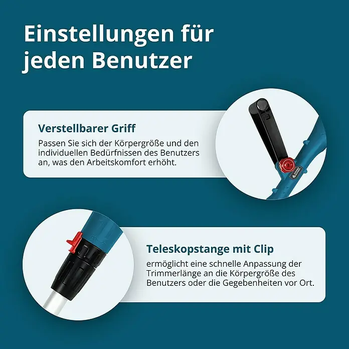 Könner & Söhnen Akku-Rasentrimmer KS MFT-20V - Ohne Akku, Schnittbreite Messer: 22 cm, Schnittbreite Faden: 25 cm - Einstellmöglichkeiten eines Rasentrimmers: Verstellbarer Griff zur Anpassung an die Körpergröße und Teleskopstange mit Clip zur Längenanpassung.