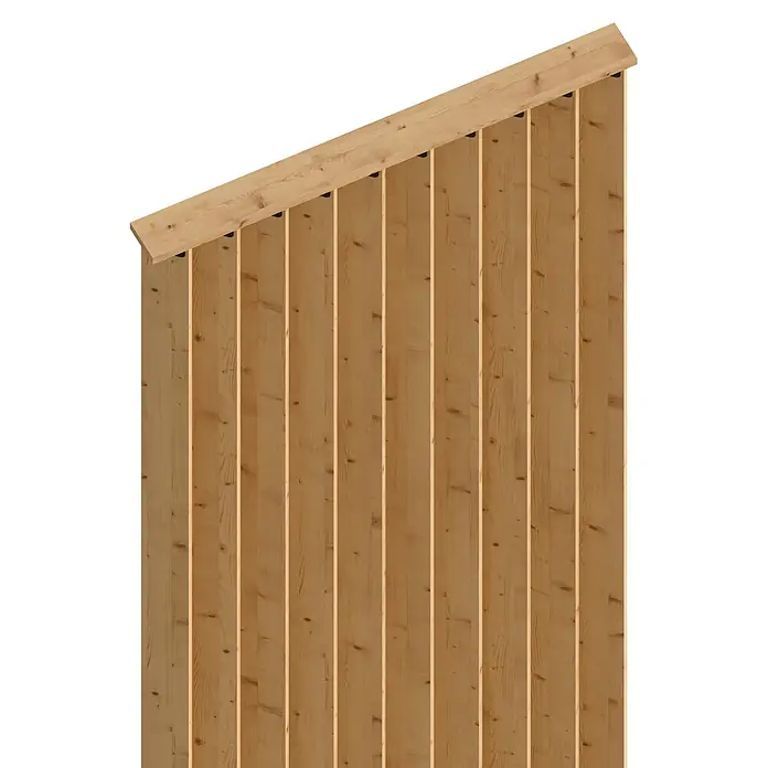 Radex Divisor de espacios - An x Al: 100 x 254 cm, Pino, Móvil - Vista de un techo con estructura de madera, formado por vigas y listones. La estructura de madera demuestra una alta calidad y estabilidad.