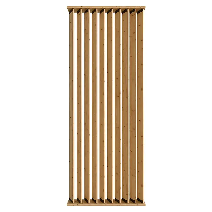 Radex Divisor de espacios - An x Al: 100 x 254 cm, Pino, Móvil - Un primer plano de una pared de madera con listones verticales, que crea una estética moderna y natural.