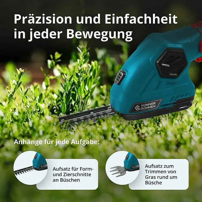 Könner & Söhnen Akku-Gras- & Strauchschere KS SHT-8V -  - Akku-Strauch- und Grasschere mit verschiedenen Aufsätzen für präzise Gartenarbeit und einfache Handhabung. Ideal für Form- und Zierschnitte.
