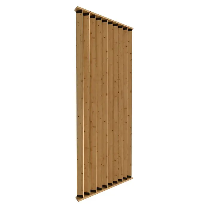Radex Divisor de espacios - An x Al: 100 x 254 cm, Pino, Móvil - Detalle de una fachada de madera con listones verticales y espaciadores oscuros, que garantizan un diseño moderno y aireado.