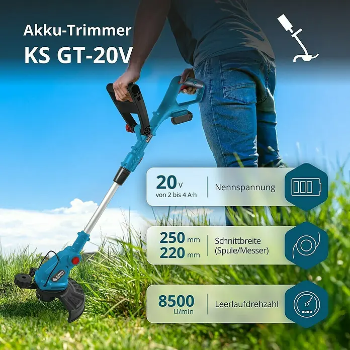 Könner & Söhnen Akku-Rasentrimmer KS GT-20V - 20 V, Ohne Akku, Schnittbreite Messer: 22 cm, Schnittbreite Faden: 25 cm - Nahaufnahme des Akku-Trimmers KS GT-20V, der für präzise Gartenarbeiten mit 20V Leistung und variabler Schnittbreite sorgt.