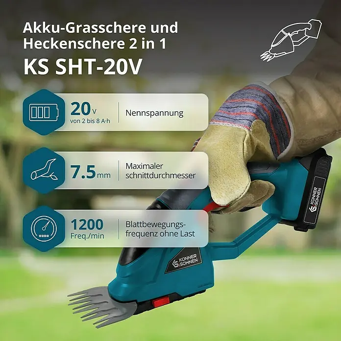 Könner & Söhnen Akku-Gras- & Strauchschere KS SHT-20V -  - Akku-Gras- und Heckenschere 2 in 1 KS SHT-20V mit Akku, ideal für präzise Gartenarbeit und Heckenpflege. Kompaktes Design für einfache Handhabung.