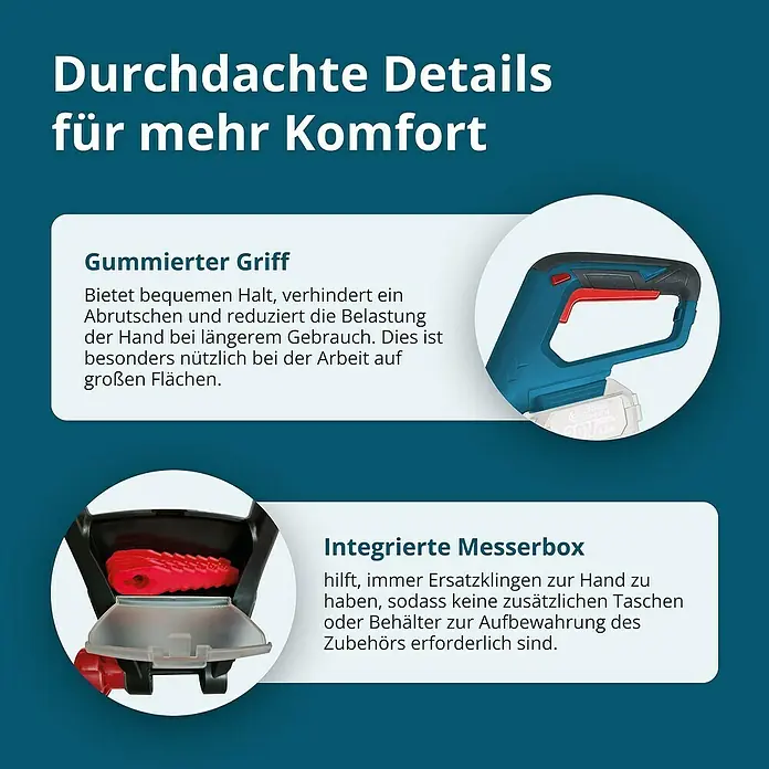 Könner & Söhnen Akku-Rasentrimmer KS MFT-20V - Ohne Akku, Schnittbreite Messer: 22 cm, Schnittbreite Faden: 25 cm - Das Bild zeigt die durchdachten Details eines Produkts für mehr Komfort, einschließlich eines gummierten Griffs und einer integrierten Messerbox.