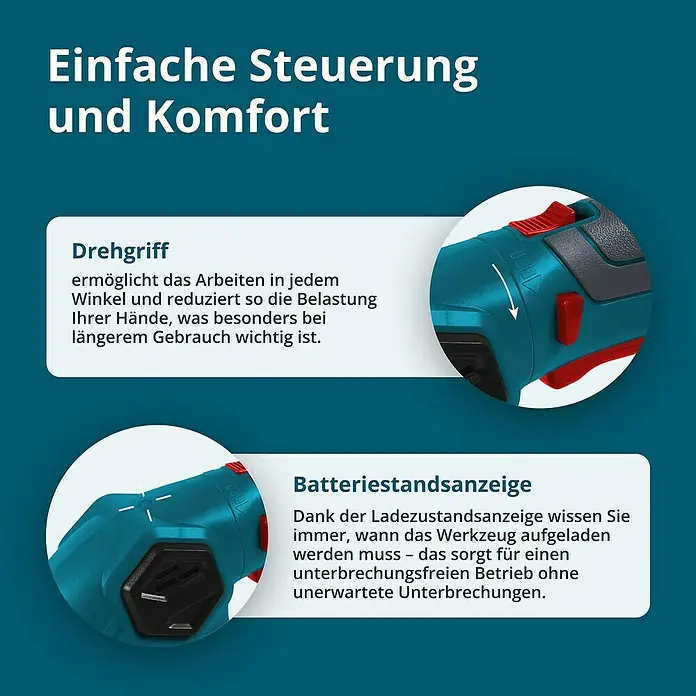 Könner & Söhnen Akku-Gras- & Strauchschere KS SHT-8V -  - Produktdarstellung mit dem Text "Einfache Steuerung und Komfort", der die Funktionen des Drehgriffs und der Batteriestandsanzeige hervorhebt.