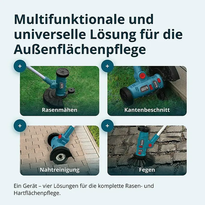 Könner & Söhnen Akku-Rasentrimmer KS MFT-20V - Ohne Akku, Schnittbreite Messer: 22 cm, Schnittbreite Faden: 25 cm - Multifunktionale Gartenpflege: Rasenmähen, Kantenschnitt, Nahtreinigung und Fegen mit einem einzigen Gerät.
