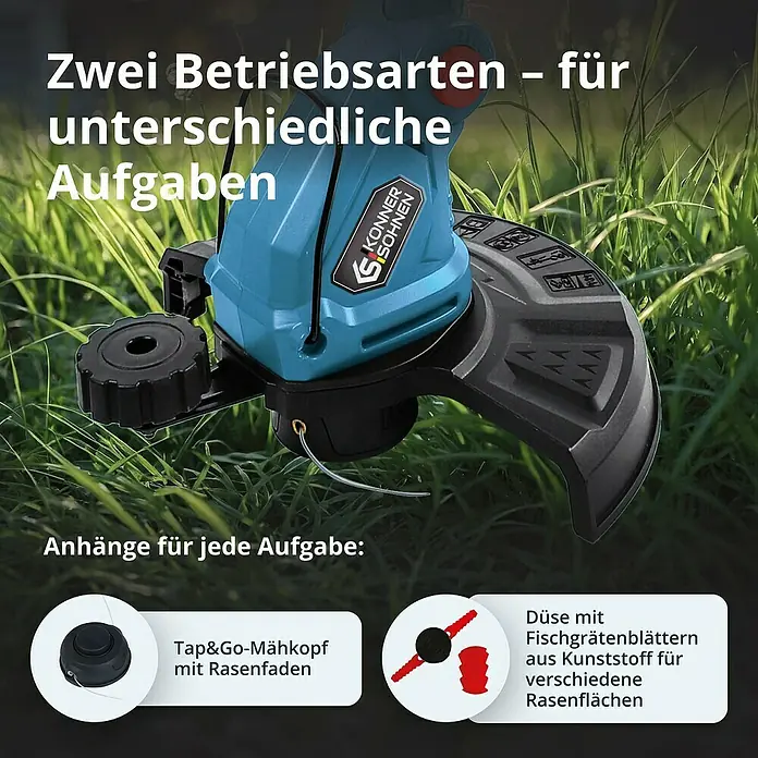 Könner & Söhnen Akku-Rasentrimmer KS GT-20V - 20 V, Ohne Akku, Schnittbreite Messer: 22 cm, Schnittbreite Faden: 25 cm - Rasentrimmer mit zwei Betriebsarten und verschiedenen Aufsätzen für jede Aufgabe.