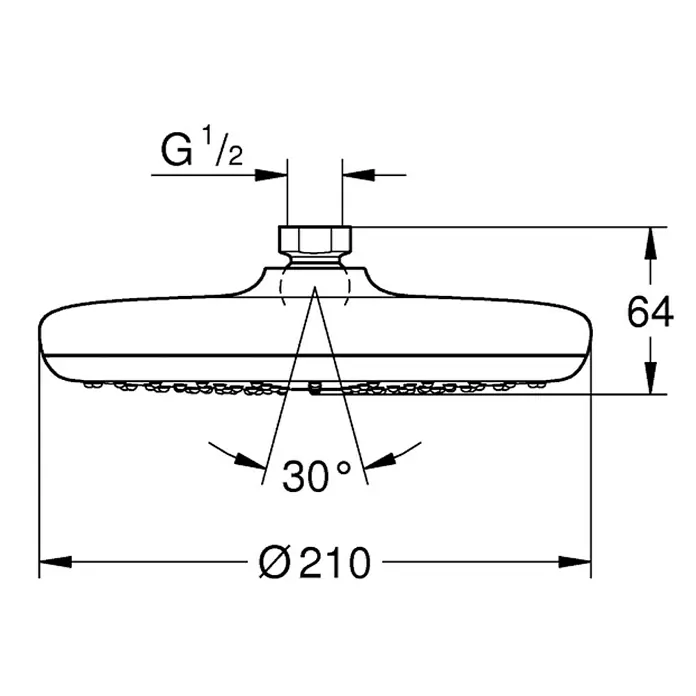Grohe Tempesta 210 Kopfbrause - Durchmesser: 21 cm, 9,5 l/min, Chrom - Abbildung des Duschkopfs mit Maßangaben.