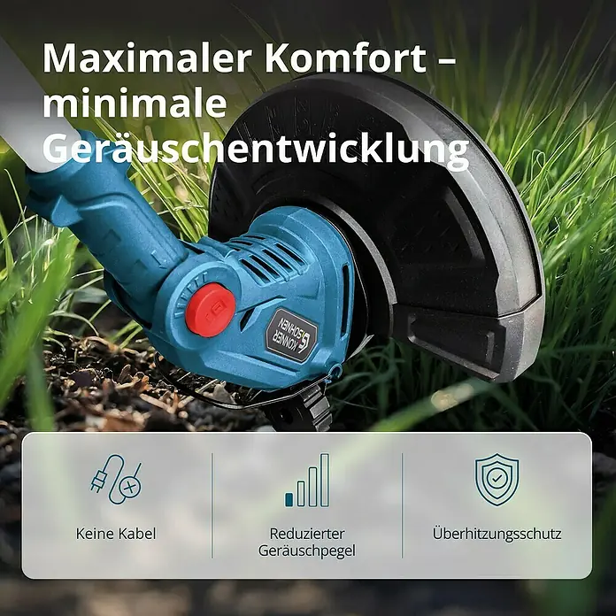 Könner & Söhnen Akku-Rasentrimmer KS GT-20V - 20 V, Ohne Akku, Schnittbreite Messer: 22 cm, Schnittbreite Faden: 25 cm - Akku-Rasentrimmer für maximalen Komfort und minimale Geräuschentwicklung. Er ist kabellos, hat reduzierten Geräuschpegel und Überhitzungsschutz.