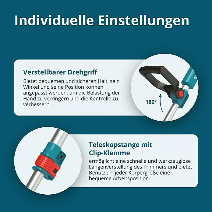 Könner & Söhnen Akku-Rasentrimmer KS CST-20V - Li-Ionen, Ohne Akku, Schnittbreite Faden: 30 cm - Bild der Trimmer-Features: verstellbarer Griff für Komfort und Teleskopstange mit Clip zur einfachen Längenanpassung.