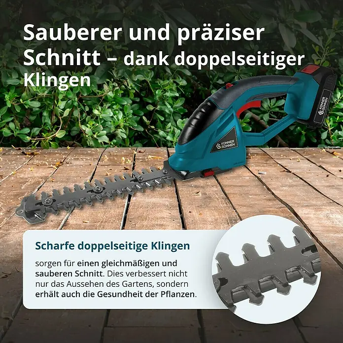 Könner & Söhnen Akku-Gras- & Strauchschere KS SHT-20V -  - Akkubetriebene Heckenschere mit scharfen, doppelseitigen Klingen für einen sauberen und präzisen Schnitt.
