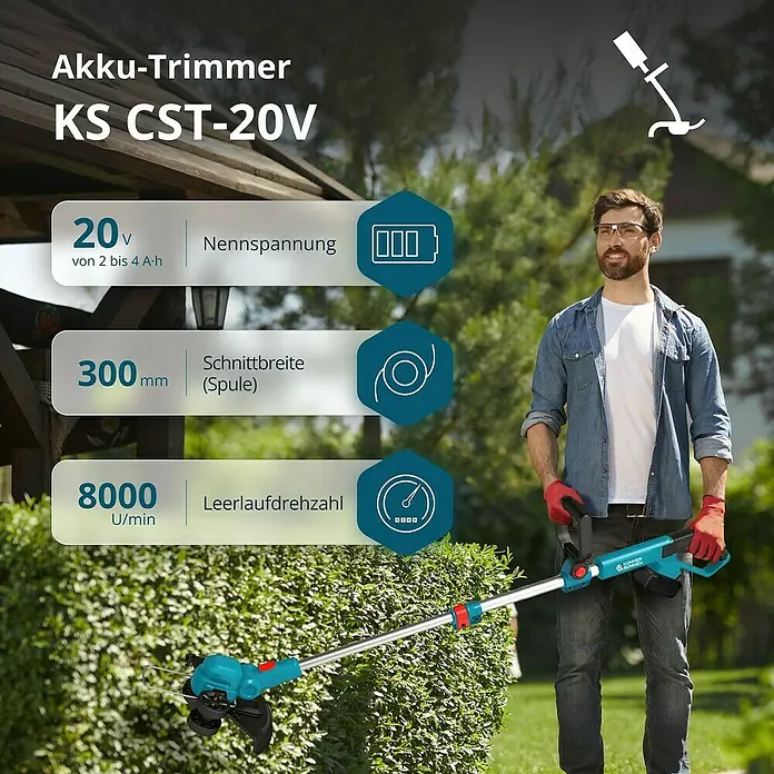Könner & Söhnen Akku-Rasentrimmer KS CST-20V - Li-Ionen, Ohne Akku, Schnittbreite Faden: 30 cm - Akku-Rasentrimmer KS CST-20V mit den Spezifikationen 20V, 300mm Schnittbreite und 8000 U/min Leerlaufdrehzahl.
