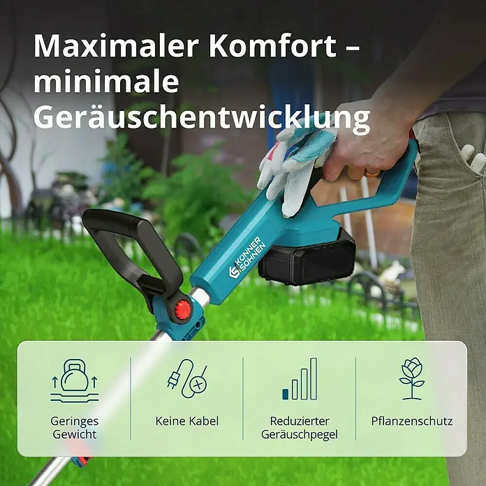 Könner & Söhnen Akku-Rasentrimmer KS CST-20V - Li-Ionen, Ohne Akku, Schnittbreite Faden: 30 cm - Das Bild zeigt einen Akku-Rasentrimmer der Marke Könner & Söhnen mit dem Slogan "Maximaler Komfort – minimale Geräuschentwicklung".