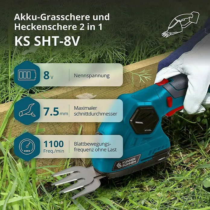 Könner & Söhnen Akku-Gras- & Strauchschere KS SHT-8V -  - Nahaufnahme einer Akku-Gras- und Heckenschere 2 in 1 KS SHT-8V von Könner & Söhnen, die im Garten zum Trimmen von Gras verwendet wird.