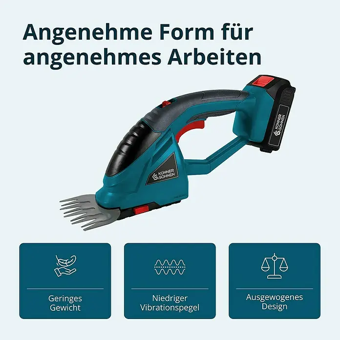 Könner & Söhnen Akku-Gras- & Strauchschere KS SHT-20V -  - Bild einer akkubetriebenen Grasschere mit den Vorteilen: Angenehme Form für angenehmes Arbeiten, geringes Gewicht, niedriger Vibrationspegel und ausgewogenes Design.