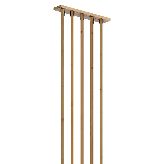 Radex Divisor de espacios - An x Al: 50 x 254 cm, Pino, Móvil - Primer plano de una moderna pared de listones de madera con un diseño elegante, ideal para un diseño interior elegante.