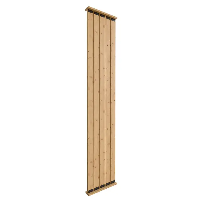 Radex Divisor de espacios - An x Al: 50 x 254 cm, Pino, Móvil - Primer plano de una pared con estructura de madera con tablones verticales conectados por listones horizontales, ideal para diseño moderno.