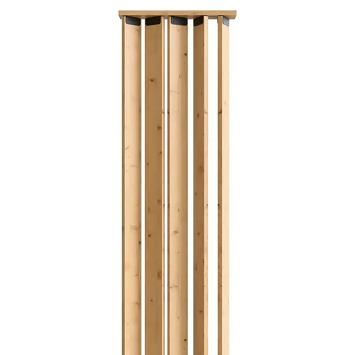 Radex Divisor de espacios - An x Al: 50 x 254 cm, Pino, Móvil - Vista detallada de una pérgola de madera con estructura lamelar que proporciona sombra y un diseño moderno.