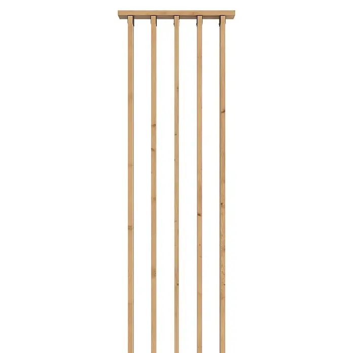 Radex Divisor de espacios - An x Al: 50 x 254 cm, Pino, Móvil - Primer plano de una estructura divisoria de ambientes hecha con listones de madera de anchos variables para un diseño de interiores moderno.