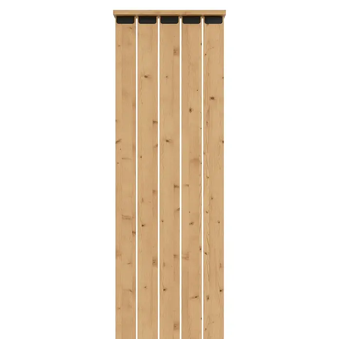Radex Divisor de espacios - An x Al: 50 x 254 cm, Pino, Móvil - Una puerta de granero rústica hecha de madera clara con herrajes. La puerta está hecha con tablones verticales, mostrando una veta de madera natural.