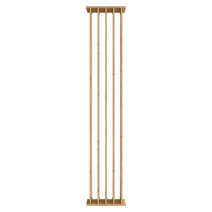 Radex Divisor de espacios - An x Al: 50 x 254 cm, Pino, Móvil - Vista de una construcción de estructura de madera con vigas verticales y horizontales. Es un elemento robusto y estable para proyectos de construcción.