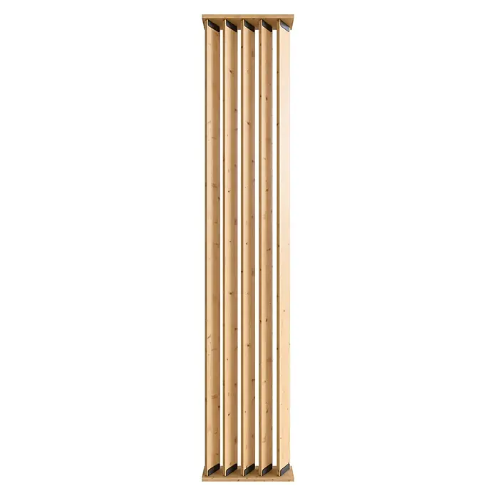 Radex Divisor de espacios - An x Al: 50 x 254 cm, Pino, Móvil - La imagen muestra un primer plano de una pared de listones de madera con fijaciones negras, presentando un elemento de diseño moderno y natural.