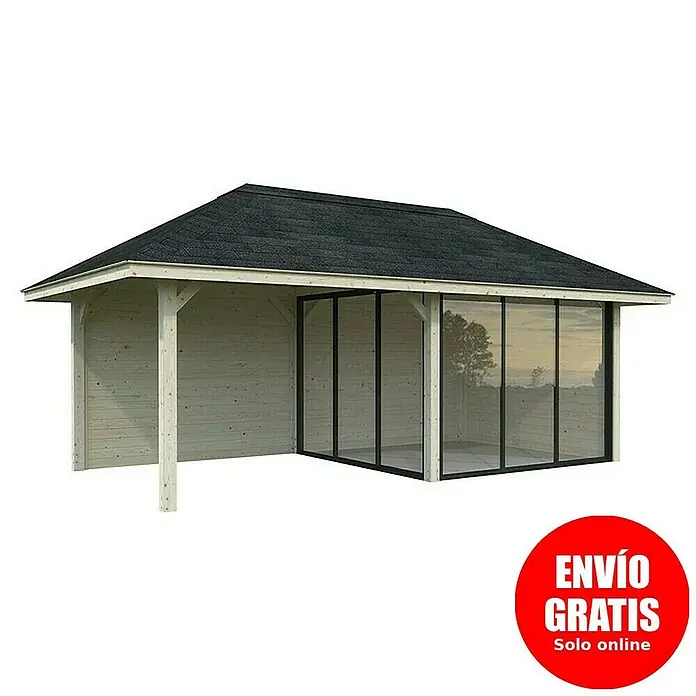 Palmako Caseta de jardín Bianca Set 205 Slide - Medidas ext. (An x Pr): 672 x 384 cm, Madera, Natural - Imagen de una caseta de jardín con una veranda de vidrio y un techo oscuro, que ofrece una estructura exterior acogedora.