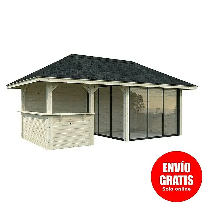 Palmako Caseta de jardín Bianca Set 507 Slide Plus - Medidas ext. (An x Pr): 672 x 384 cm, Madera, Natural - Imagen de un pabellón de madera con techo y paredes de cristal, ideal para exteriores.
