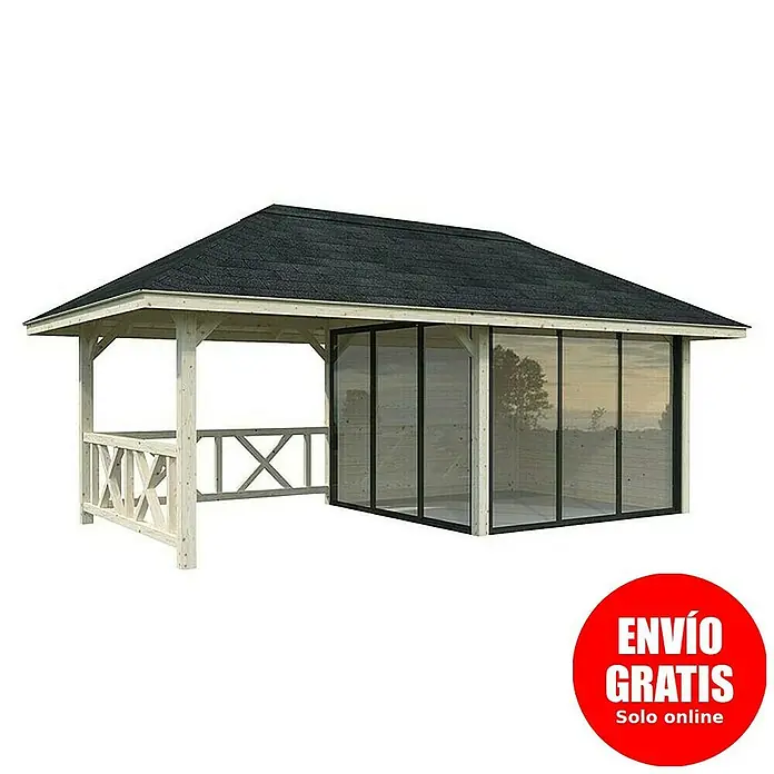 Palmako Caseta de jardín Bianca Set 203 Slide - Medidas ext. (An x Pr): 672 x 384 cm, Madera, Natural - Imagen de una glorieta con paredes de cristal y un techo oscuro, perfecta para uso exterior.