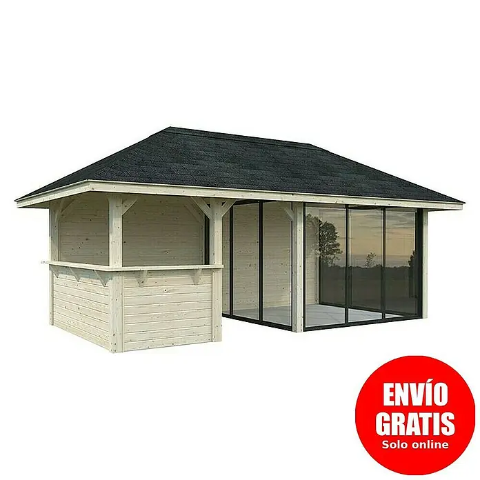 Palmako Caseta de jardín Bianca Set 208 Slide - Medidas ext. (An x Pr): 672 x 384 cm, Madera, Natural - Imagen de un cenador de madera con techo negro y puertas correderas de cristal, ideal para el jardín.