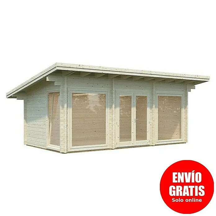 Palmako Caseta de jardín Heidi - Medidas ext. (An x Pr): 748 x 483 cm, Madera, Natural - Imagen de una caseta de jardín de madera con grandes ventanales y puertas dobles, ideal para el jardín.