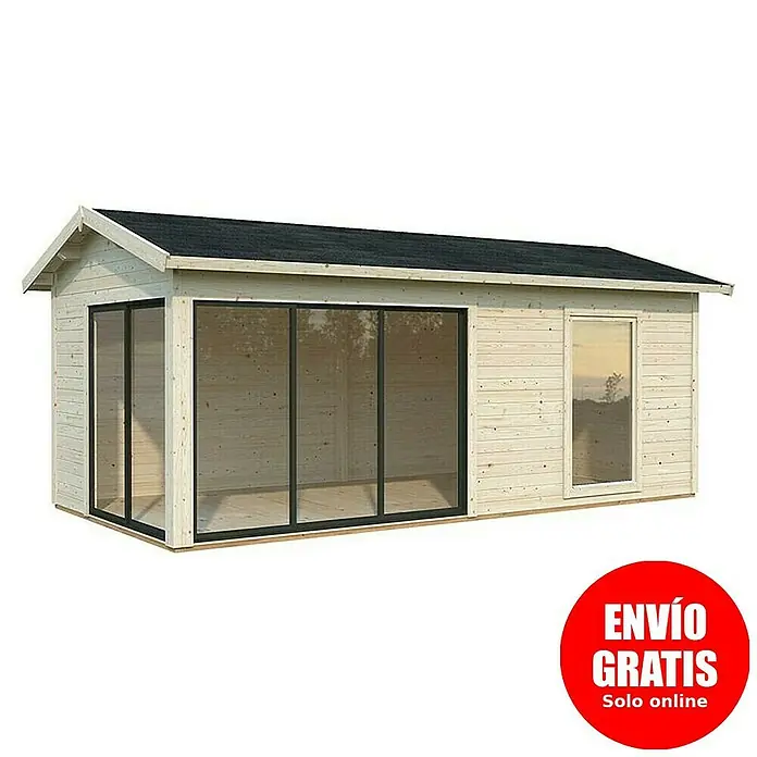 Palmako Caseta de jardín Amanda Slide Plus - Medidas ext. (An x Pr): 639 x 340 cm, Madera, Natural - Imagen de una caseta de jardín de madera con marcos de ventana negros y un techo negro. Oferta: Envío gratuito solo online.