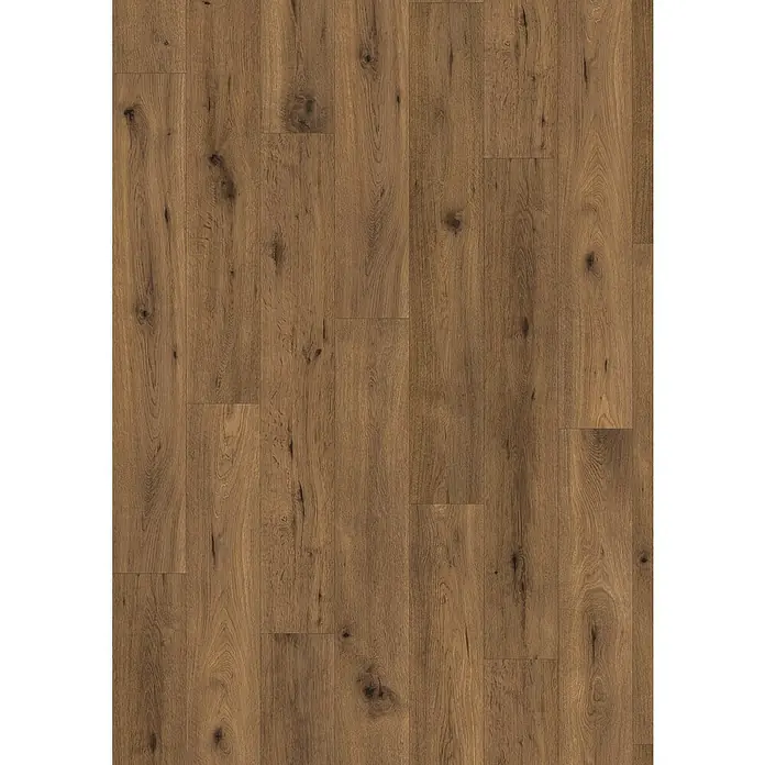 Laminat - Vignola Eiche, Landhausdiele, 1.292 x 193 x 7 mm - Braune Holzdielen mit Maserung und Ästen für einen rustikalen und natürlichen Look. Perfekt für eine warme und einladende Atmosphäre in jedem Raum.