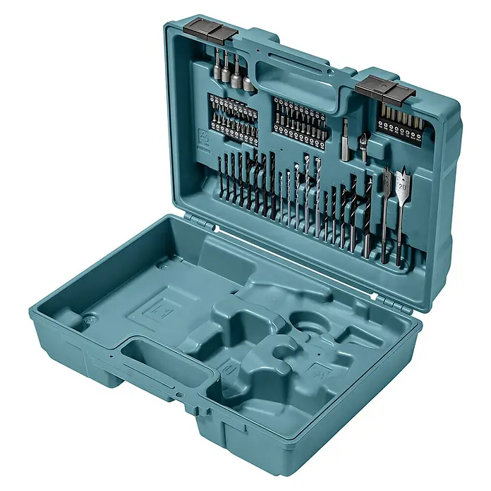 Makita LXT 18V Akku-Schlagbohrschrauber DHP490RFX3 - 18 V, 2 Akkus - Offener blauer Werkzeugkasten mit Bohrern und Bits unterschiedlicher Größen.