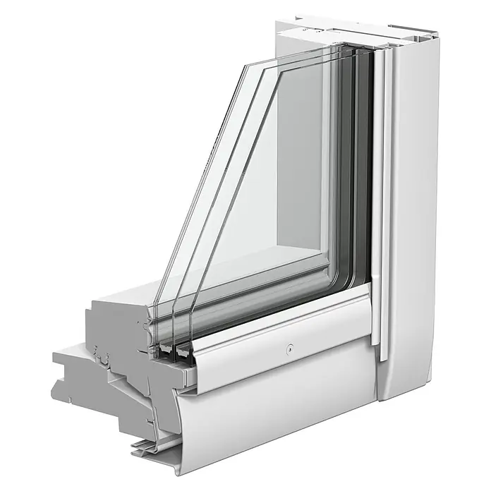 Velux Elektro-Schwingfenster GGL CK04 308421 Energie - 55 x 98 cm - Nahaufnahme eines weißen Fensters mit Mehrfachverglasung, das die Konstruktion und Isolierung hervorhebt. Fensterdetail für energieeffizientes Bauen.