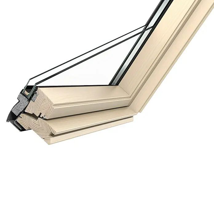 Velux Elektro-Schwingfenster GGL MK04 307021 Thermo - 78 x 98 cm - Detailaufnahme eines Dachfensters mit Holzrahmen, das die Konstruktion und die Verglasung des Fensters zeigt.