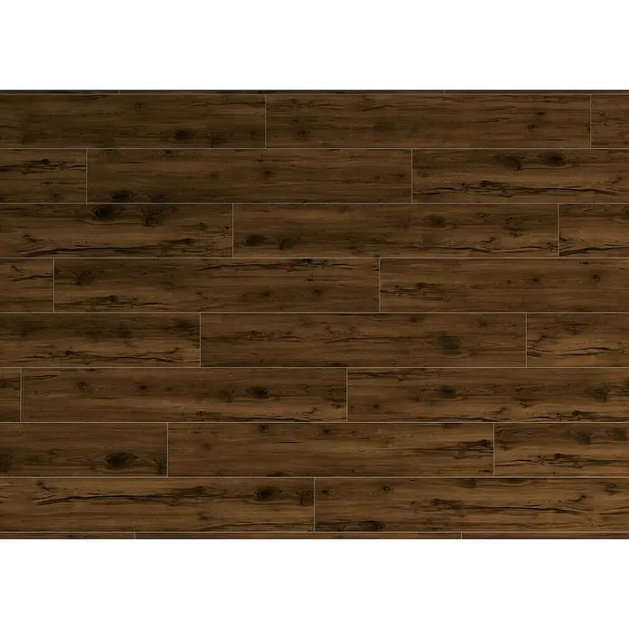 Feinsteinzeugfliese Essenza - 20 x 120 cm, Marrone, Matt - Abbildung von dunkelbraunem Holzdielenboden. Die Bretter haben eine markante Maserung und ein rustikales Aussehen.