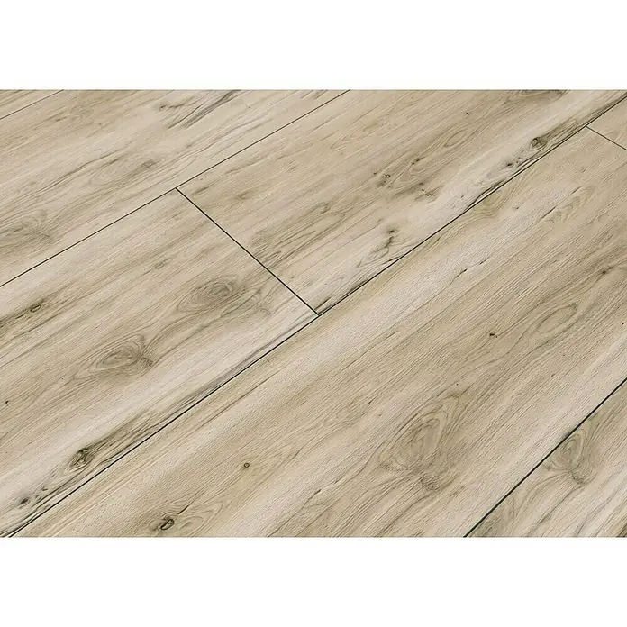 Feinsteinzeugfliese Essenza - 30 x 120 cm, Bianco, Matt - Nahaufnahme von hellem Laminatboden mit Holzmaserung, ideal für moderne Innenräume und einfache Reinigung.