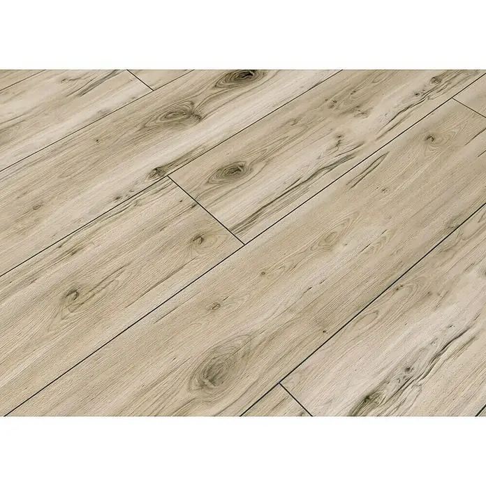 Feinsteinzeugfliese Essenza - 20 x 120 cm, Bianco, Matt - Nahaufnahme von Laminatboden mit natürlicher Holzoptik, ideal für moderne Innenräume mit warmer Atmosphäre.