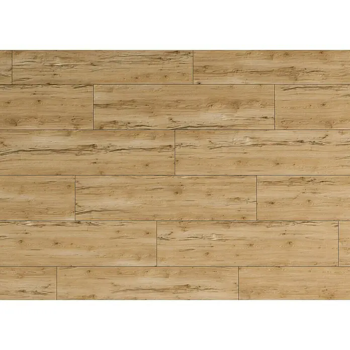 Feinsteinzeugfliese Essenza - 20 x 120 cm, Caldo, Matt - Nahaufnahme von hellbraunem Laminatboden, der eine warme und einladende Atmosphäre ausstrahlt. Die Holzmaserung verleiht dem Boden Charakter.