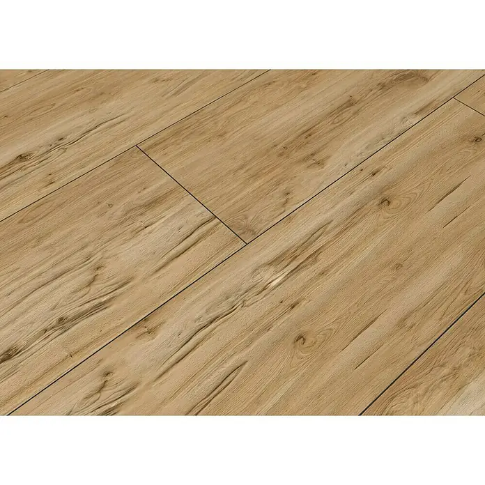 Feinsteinzeugfliese Essenza - 20 x 120 cm, Caldo, Matt - Nahaufnahme von hellem Laminatboden mit Holzmaserung und sichtbaren Fugen, der ein realistisches Holzmuster zeigt.