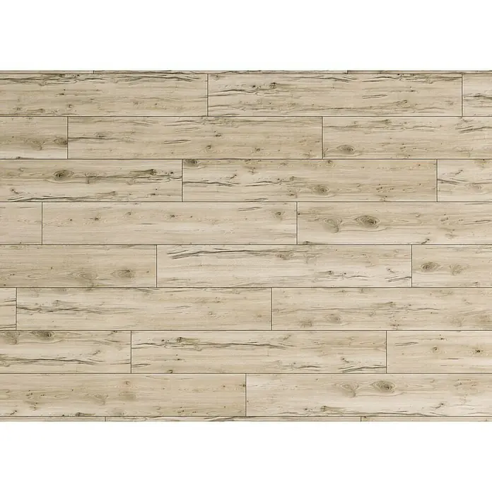 Feinsteinzeugfliese Essenza - 20 x 120 cm, Bianco, Matt - Ansicht von oben auf einen Bodenbelag aus hellbraunen Holzdielen, die eine natürliche, rustikale Textur aufweisen.