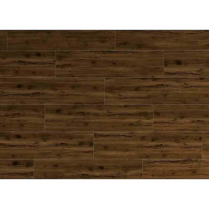 Feinsteinzeugfliese Essenza - 30 x 120 cm, Marrone, Matt - Detailaufnahme von Holzpaneelen mit natürlicher Maserung. Dunkelbraune Holzoptik für rustikalen Charme und warme Atmosphäre im Raum.