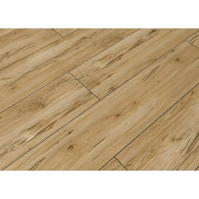 Feinsteinzeugfliese Essenza - 30 x 120 cm, Caldo, Matt - Nahaufnahme eines hellen Holzlaminatbodens mit Maserung und dunklen Fugen.