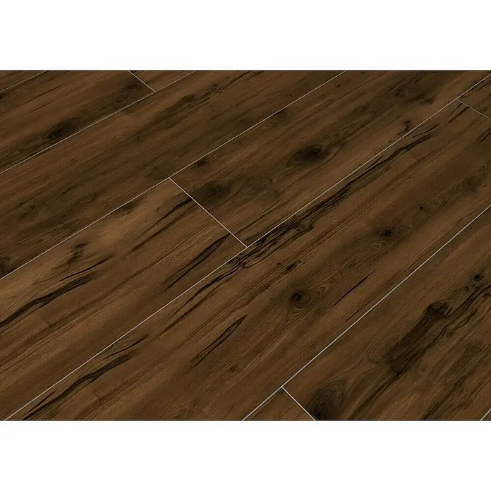 Feinsteinzeugfliese Essenza - 20 x 120 cm, Marrone, Matt - Nahaufnahme eines stilvollen, dunkelbraunen Laminatbodens mit einer realistischen Holzmaserung und hellen Fugenlinien.