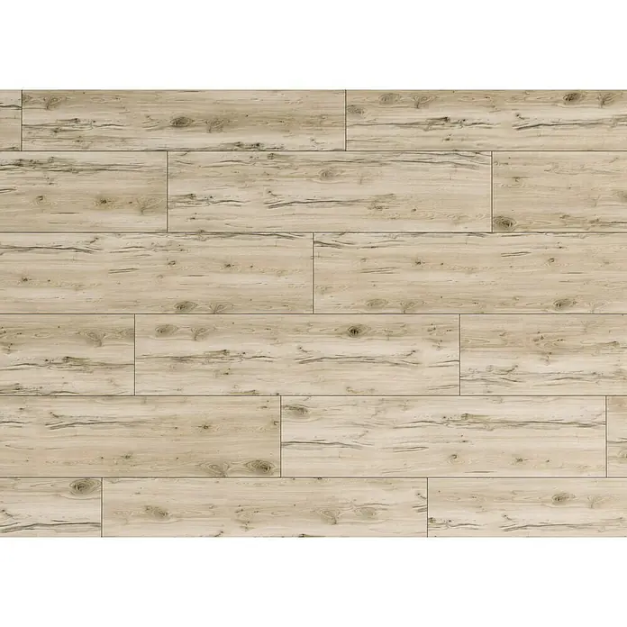 Feinsteinzeugfliese Essenza - 30 x 120 cm, Bianco, Matt - Detailaufnahme eines Paneels mit Holzstruktur in hellen Beige- und Brauntönen, ideal für moderne Wand- und Bodengestaltungen.