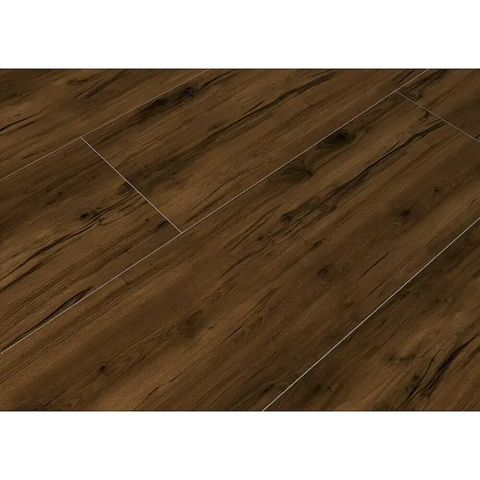 Feinsteinzeugfliese Essenza - 30 x 120 cm, Marrone, Matt - Nahaufnahme von Paneelen aus dunkelbraunem Laminatboden mit einem markanten Holzmaserungsmuster.